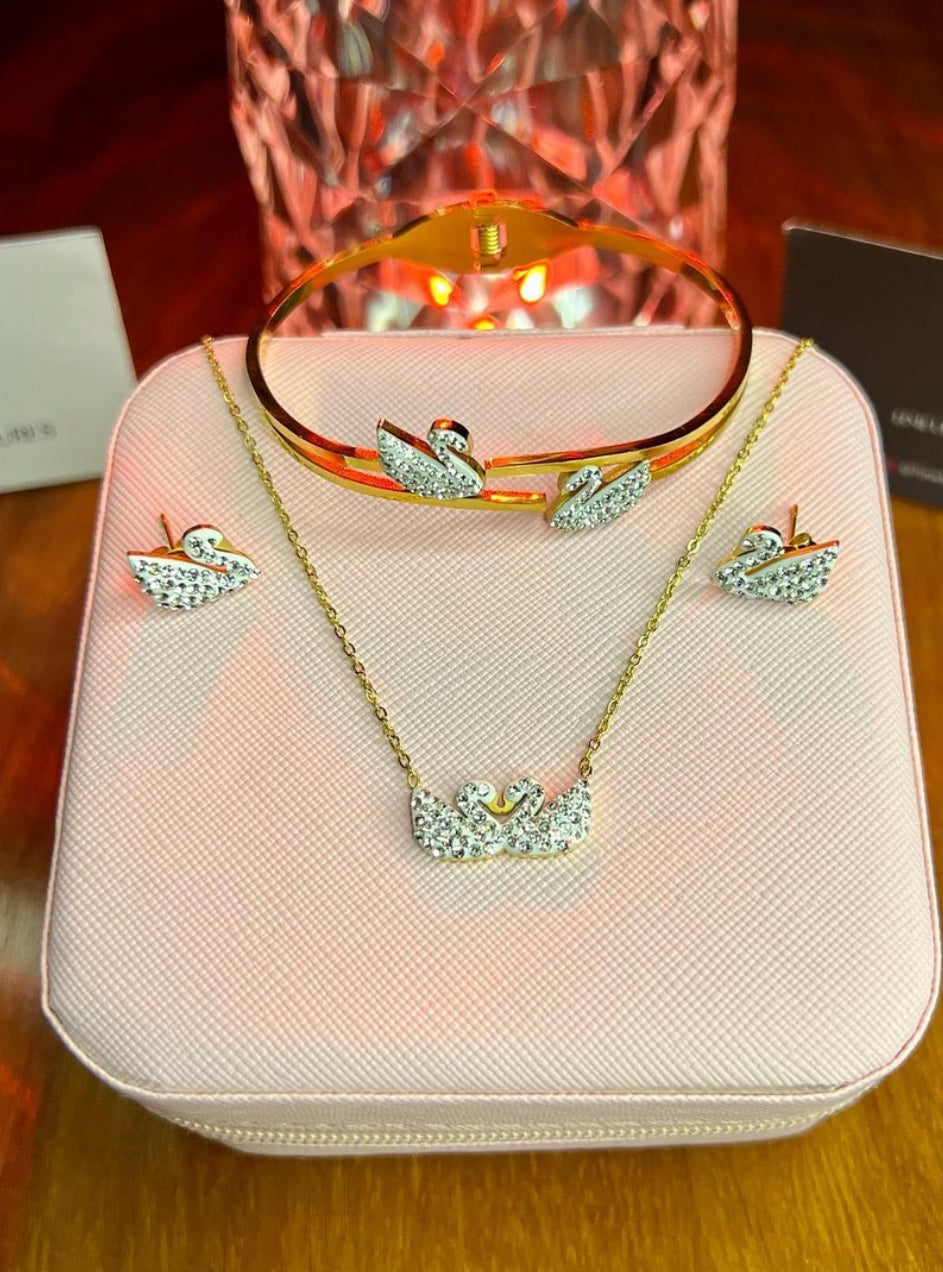 Stainless Swan Bangle, Earring And Necklace Set