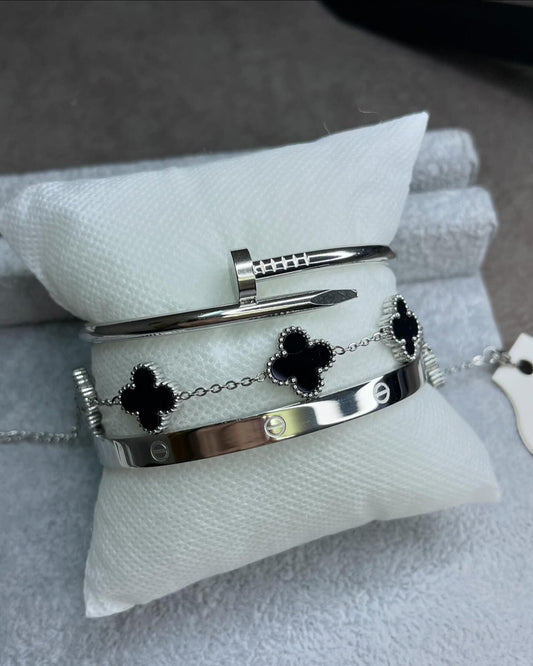 Silver Cartier Nail and love bangle with black clover bracelet