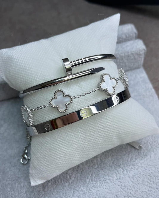 Silver Cartier Nail and love bangle with white clover bracelet